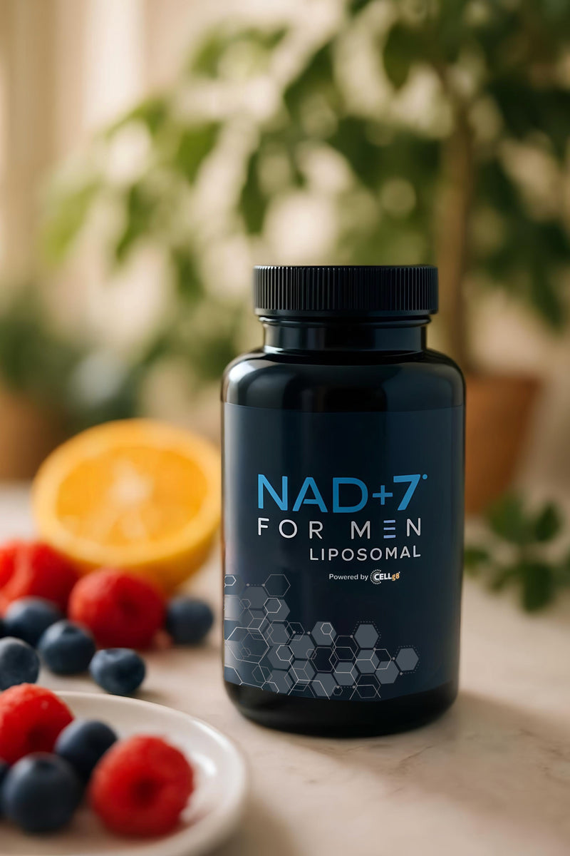 NAD+7 bottle with fruit and a morning setting